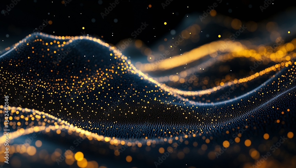 Poster Vibrant digital waves filled with golden sparkling particles representing the essence of energy and motion : Generative AI