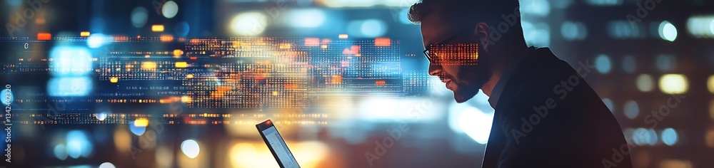 Leinwandbilder Profile of a focused professional reviewing data analytics on a laptop with digital information displays in a modern office : Generative AI