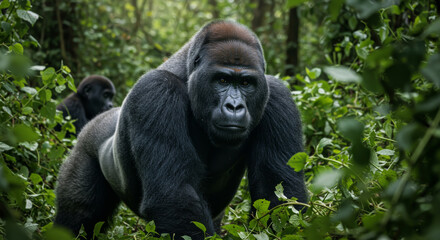 Obraz premium A large male gorilla stands in lush green and vibrant forest