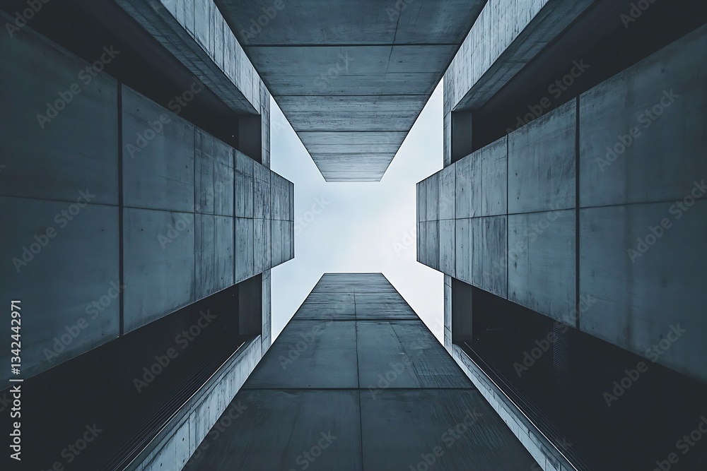 Poster Stunning view of a concrete architectural structure looking up towards the sky with dramatic angles and symmetry : Generative AI
