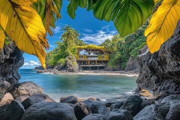 Secluded tropical beach house nestled in volcanic rock cove