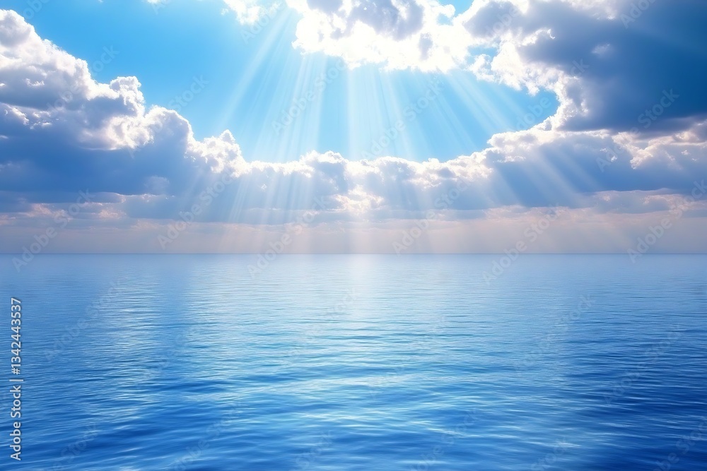 Aufkleber Beautiful ocean view with sun rays breaking through clouds creating a magical glow on the water surface : Generative AI