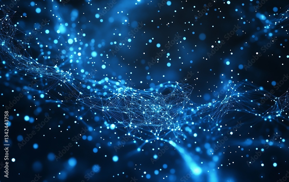 Poster Stunning blue light patterns illustrating a complex network flow in a digital space : Generative AI