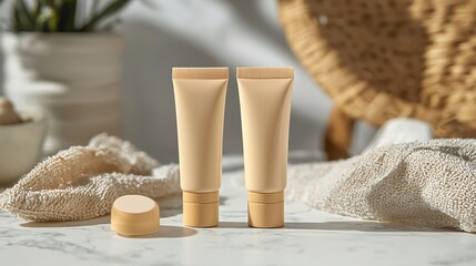 Herbal skincare tube mockup a soft matte finish set against a white marble backdrop with natural lighting ideal for organic beauty branding