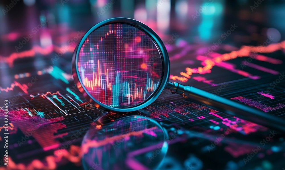 Poster Lens magnifying colorful data trends and financial charts for detailed market analysis : Generative AI