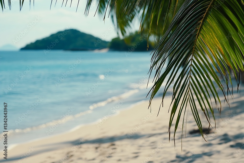 Aufkleber serene tropical beach view with palm leaves framing a serene coastline and distant island with clear