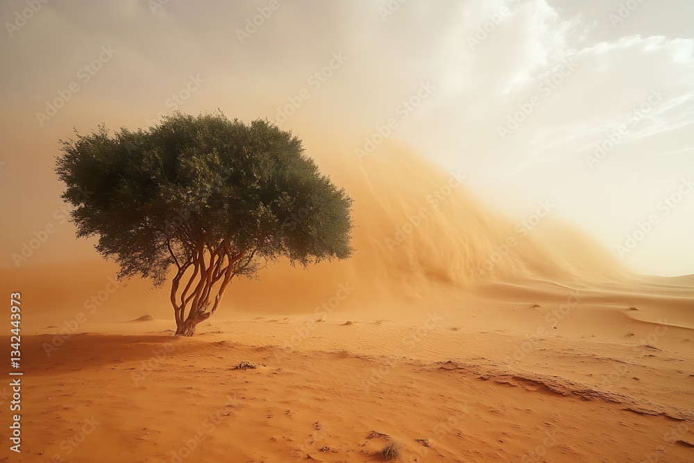 Poster Tree with curving branches standing against sandy backdrop with shifting dunes and a sense of dynamic movement : Generative AI
