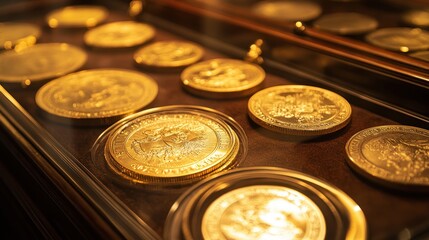 Golden Coins Displayed in a Showcase Shining Under Warm Light Ideal for Finance and Investmen