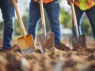 At a significant groundbreaking ceremony, a diverse team joyfully turns over dirt, symbolizing teamwork and new beginnings in construction, paving the way for future growth and opportunities