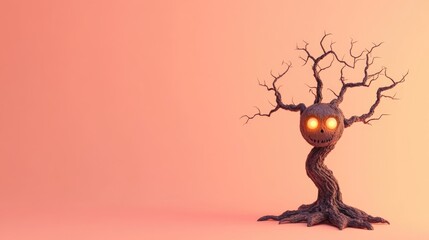 Creepy tree creature has glowing eyes on a warm background
