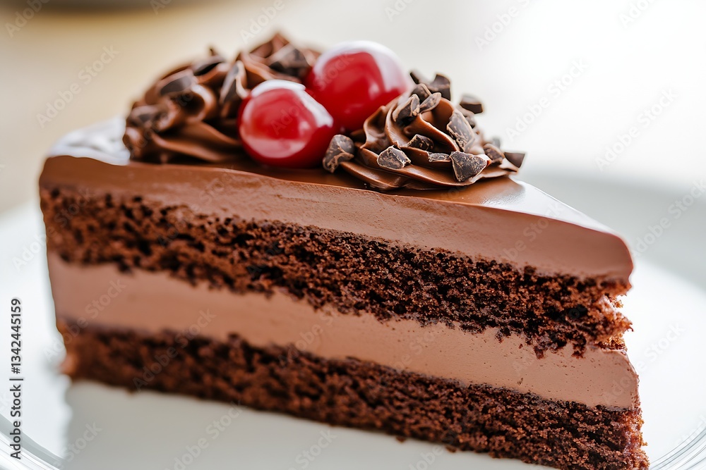 Aufkleber luscious chocolate layer cake slice with chocolate frosting and cherries on top served on a plate : 