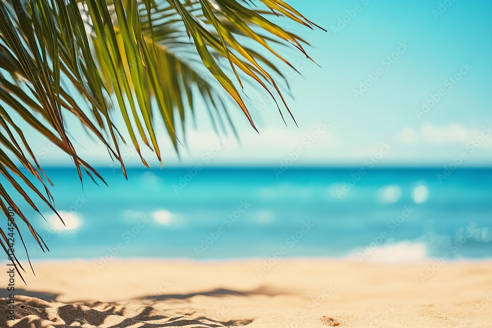 Aufkleber close-up view of golden sandy beach with palm tree leaves contrasting against a bright turquoise oce