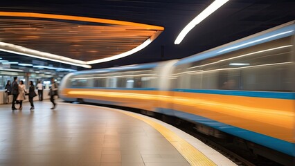 Obraz premium A blurred train speeds past a modern train station,