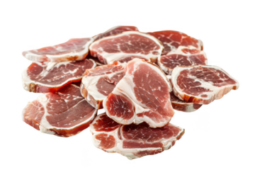 A pile of sliced red meat with white fat in a close up shot for food photography transparent background
