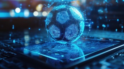 Futuristic soccer ball digitally displayed on tablet.
