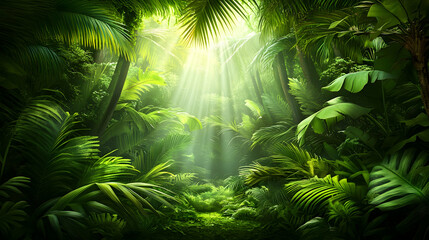 Sunbeams pierce lush green tropical rainforest foliage.
