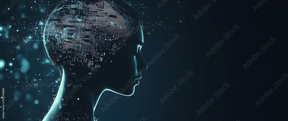 Poster profile silhouette of a futuristic human head with digital effects and glowing particles : generativ