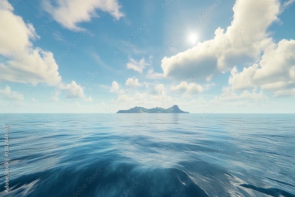 Aufkleber peaceful distant view of a lush green island amidst serene ocean waters and fluffy clouds : generati