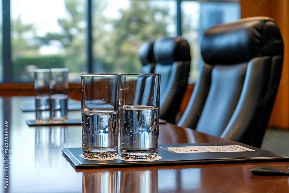 Aufkleber close-up of two clear water glasses on a polished boardroom table with papers in an elegant setting 