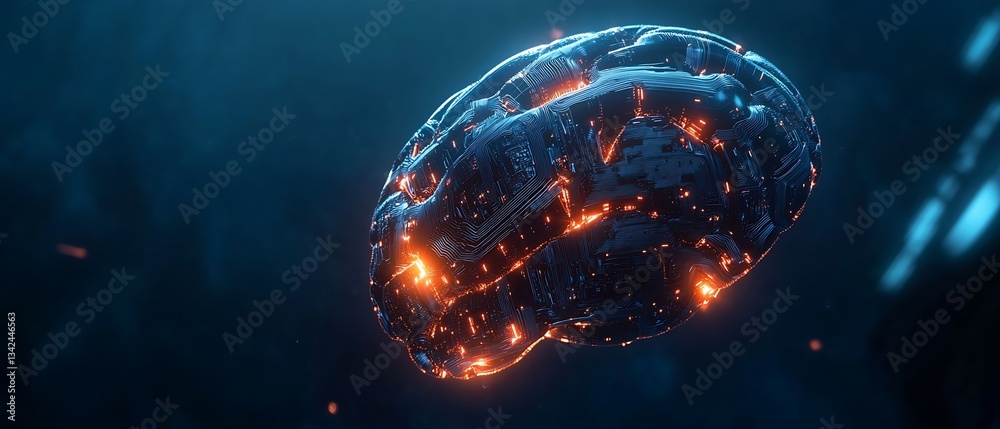 Poster Advanced abstract brain design featuring a mixture of glowing circuits and organic shapes in blue and orange hues : Generative AI
