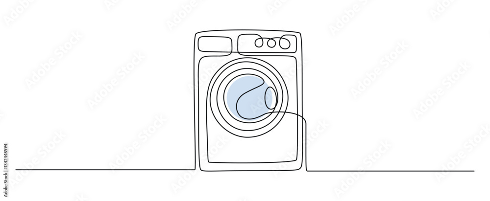 Poster Washing machine with front door in one continuous line drawing. Symbol of home laundry and laundromat in simple linear style. Editable stroke. Doodle vector illustration