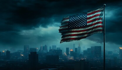 Tattered American flag billowing in strong winds contrasted against a city skyline : Generative AI
