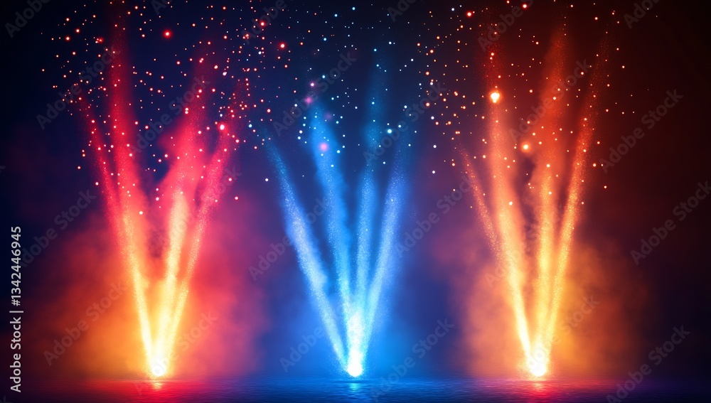 Poster vibrant colorful fountains with luminous sprays bursting into a dark mystical atmosphere : generativ