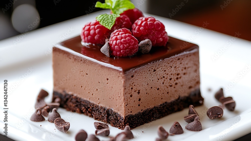 Poster chocolate mousse dessert with raspberries and chocolate shavings served elegantly on a plate : gener