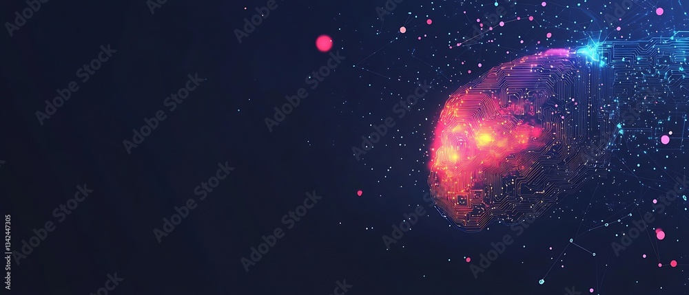 Poster Abstract representation of a glowing brain with digital technology elements in a dark background : Generative AI