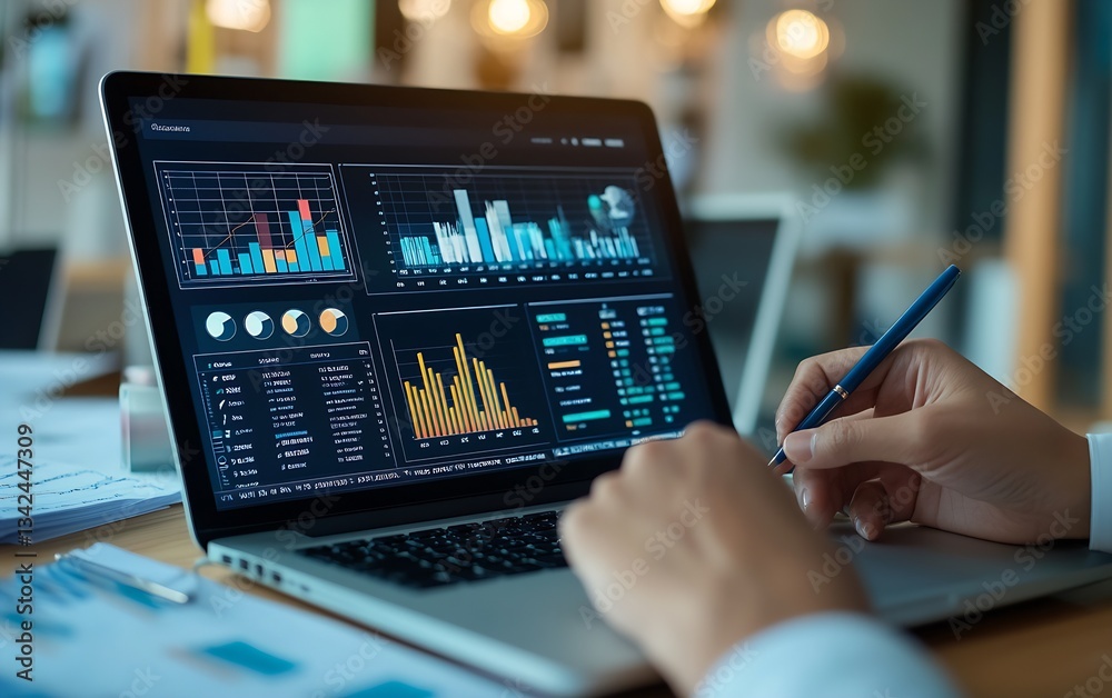 Aufkleber Detailed data analysis on laptop screen showcasing various colorful graphs and statistics in a modern office setting : Generative AI