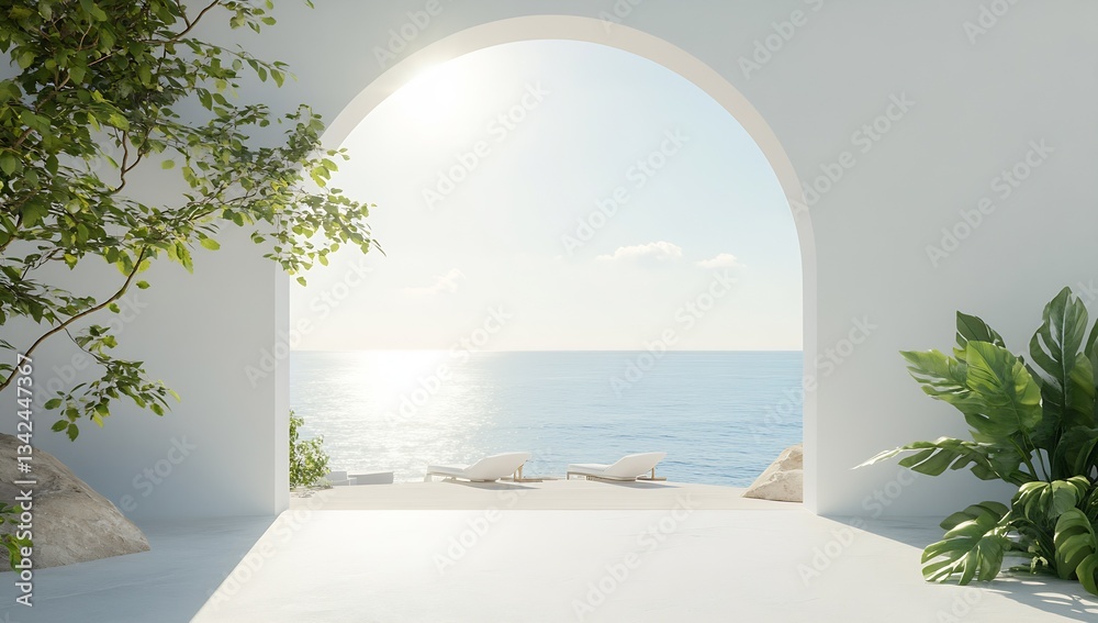 Aufkleber gorgeous sunlight streaming through a white archway opening onto a scenic ocean view and pristine lo