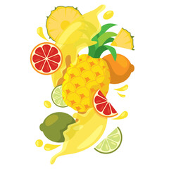 Tropical citrus mix with pineapple and juice splash Vector