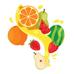 Fresh fruits with juice splash and orange slice Vector