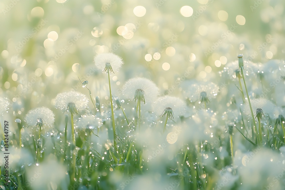 Poster dreamy dandelion field sparkling under gentle morning light with dew reflections : generative ai