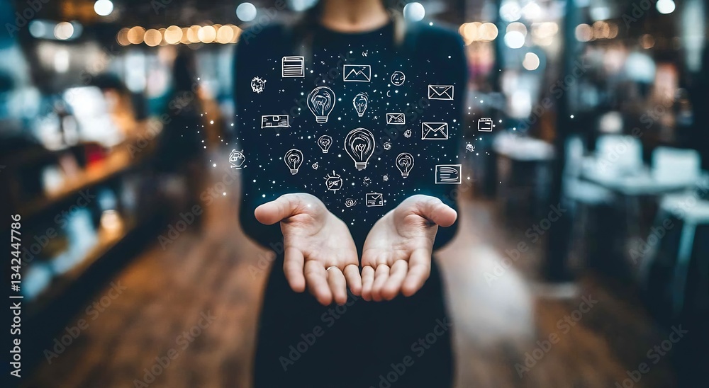 Poster innovative hands exposing a bright collection of light bulbs signifying ideas and digital connection