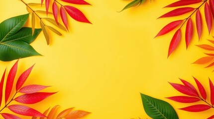 Obraz premium Colorful Autumn Leaves Frame on Yellow Background