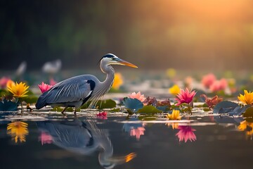 Naklejka premium Elegant Great Blue Heron Standing in a Calm Water Scene Surrounded by Pink and Yellow Water Lilies : Generative AI