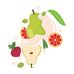 Pear splash with beet, grapefruit and green peas Vector
