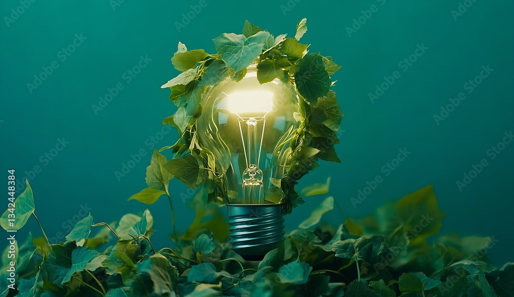 Fototapete Illuminated light bulb surrounded by a lush array of ivy leaves showcasing a blend of nature and technology : Generative AI