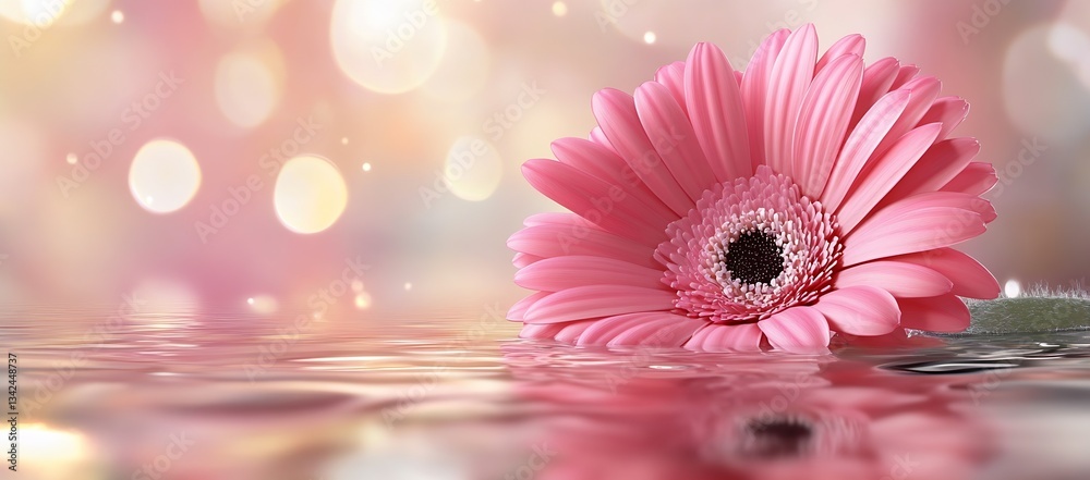 Fototapete Charming pink gerbera daisy displayed on the surface of clear water surrounded by soft shimmering lights creating a peaceful atmosphere : Generative AI