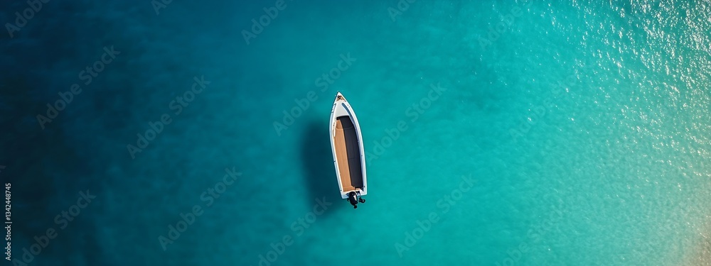 Poster minimalist view of a small boat in serene turquoise waters ideal for peaceful escapes and adventure 