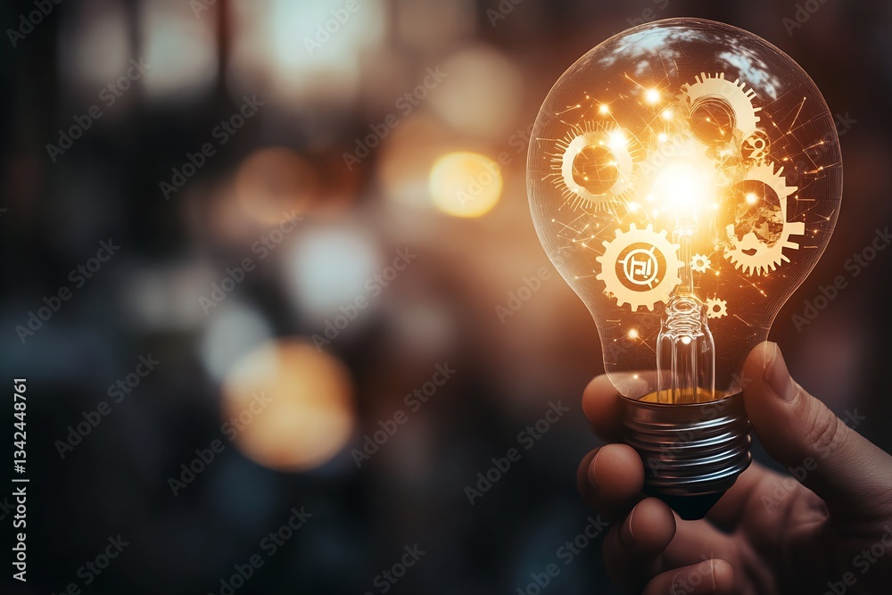Poster stunning light bulb design with intricate gears and glowing features representing ideas and inspirat