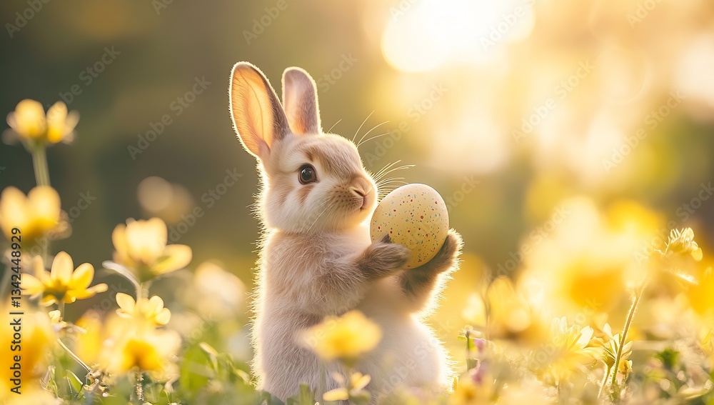 Poster playful bunny clutching a colorful easter egg surrounded by vibrant flowers in a radiant spring sett