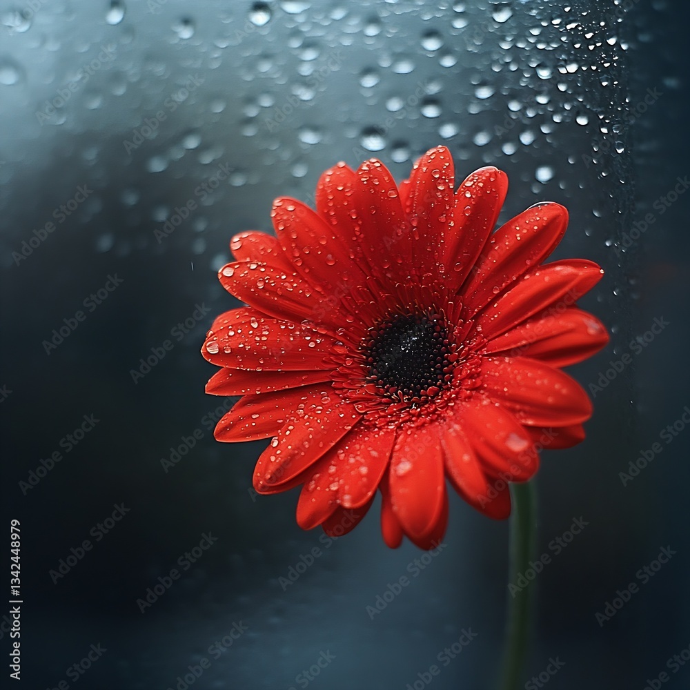 Aufkleber artistic capture of a red flower with water droplets on petals creating a serene mood near a foggy w