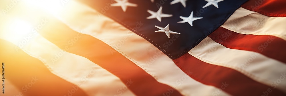 Poster Close-up view of the American flag displaying beautiful fabric details with sunlight reflections : Generative AI