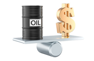 Oil barrel and dollar symbol on balance scale, 3D rendering isolated on transparent background