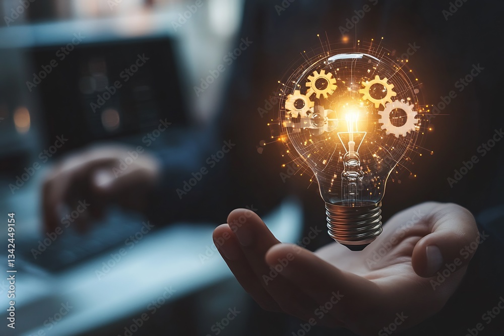 Poster revealing innovation concept with glowing light bulb held in hand showcasing creativity in a detaile