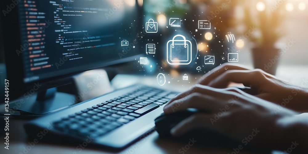 Leinwandbilder Cybersecurity focus with a computer showing encrypted data and online security symbols on screen : Generative AI