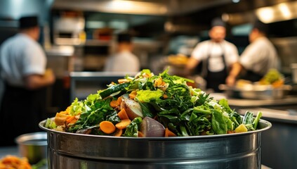 Restaurant Kitchen Vegetable Scraps in a Metal Bin