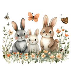 Cute rabbits and kitten sitting in wildflowers watercolor illustration